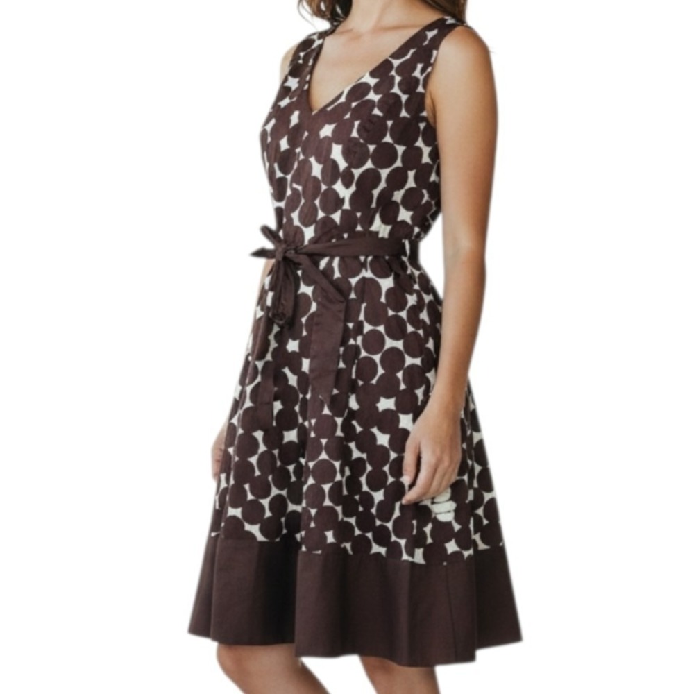 Joneswear Dress Womens 12 Brown White Circles Geometric Retro Mod Tie Waist